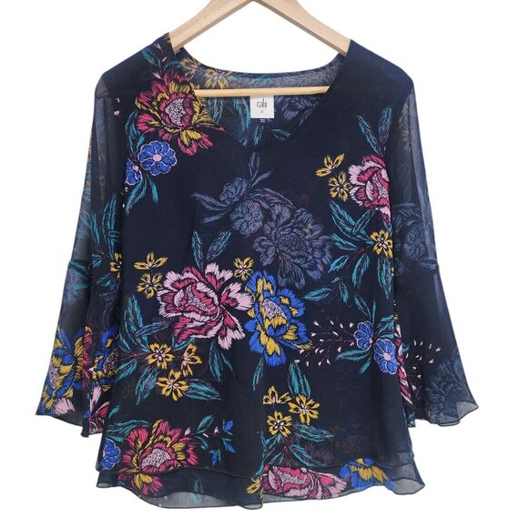 CAbi 3506 Olivia Blouse Top Women's Size XS Blue Floral - Picture 8 of 9